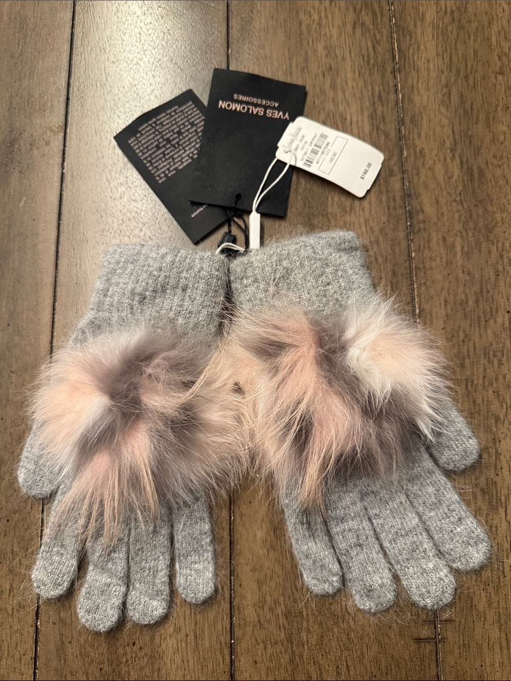 Yves Salomon Gray Knit Gloves with Pink Fur Poms